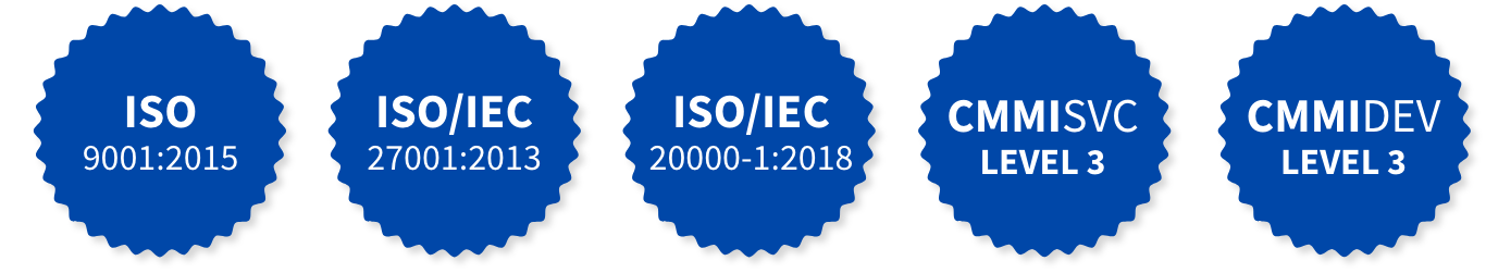 Badges of ITCON's Accreditations: ISO 9001:2015, ISO/IEC 27001:2013, ISO/IEC 20000-1:2018, CMMI SVC Level 3, CMMI DEV Level 3