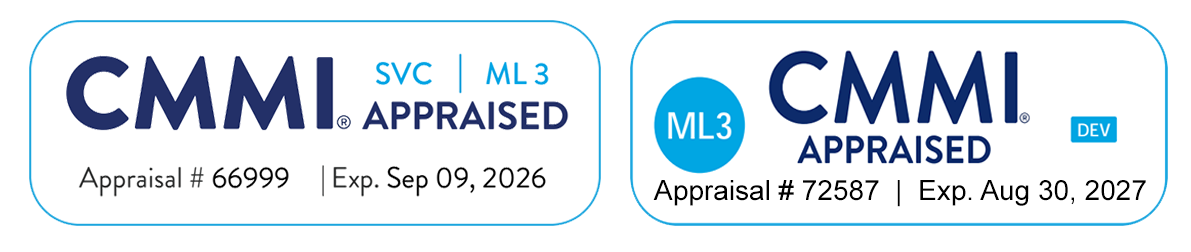 Badges of ITCON's Accreditations: ISO 9001:2015, ISO/IEC 27001:2013, ISO/IEC 20000-1:2018, CMMI SVC Level 3, CMMI DEV Level 3